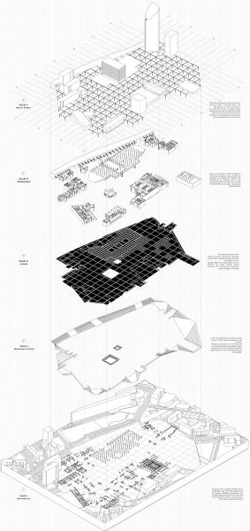 An axonometric drawing of the five rules of an urban room:
depression
boundary and edge
lining
programme
column-field